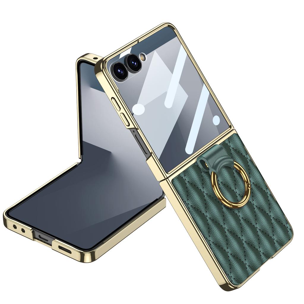 Luxury Diamond Leather Ring Holder Case for Samsung Galaxy Z Flip 7 6 5 Screen Glass Plating Edge Cover for Galaxy Z Flip7 Case