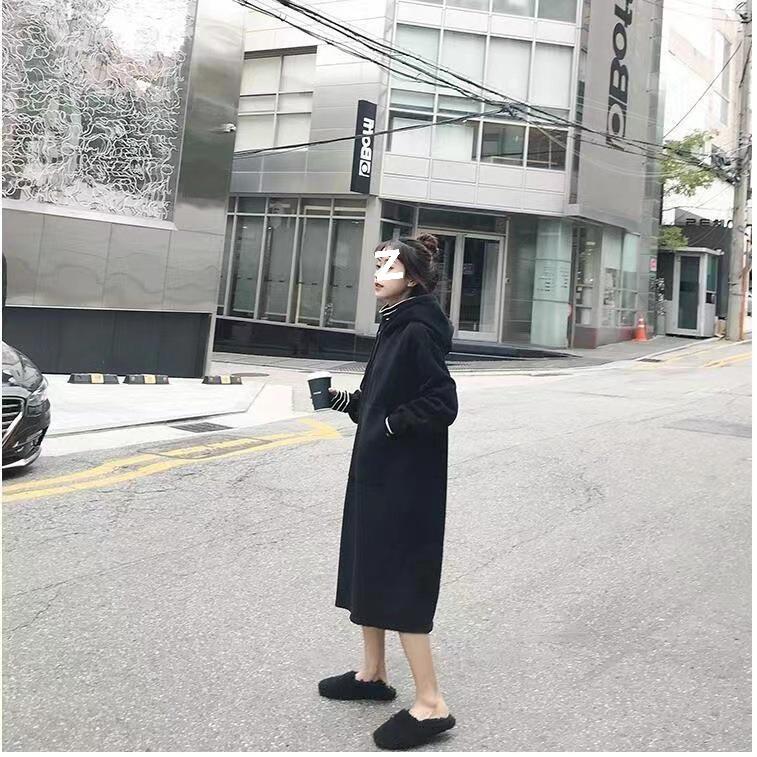 Women's Plus Velvet Sweatshirt Dress: Faux Two-Piece, Long Over-the-Knee, Hooded, Loose Fit, Plus Size, for Autumn and Winter.