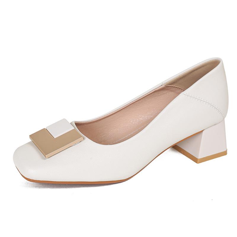 Lady single shoes women's shoes new popular retro commuter soft leather square head medium high heel grandma shoes