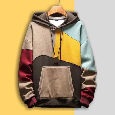 Men Autumn Hoodie Color Matching Thin Fleece Hooded Long Sleeves Oversized Keep Warm Big Pocket Casual Spring Hoodie for Daily Wear