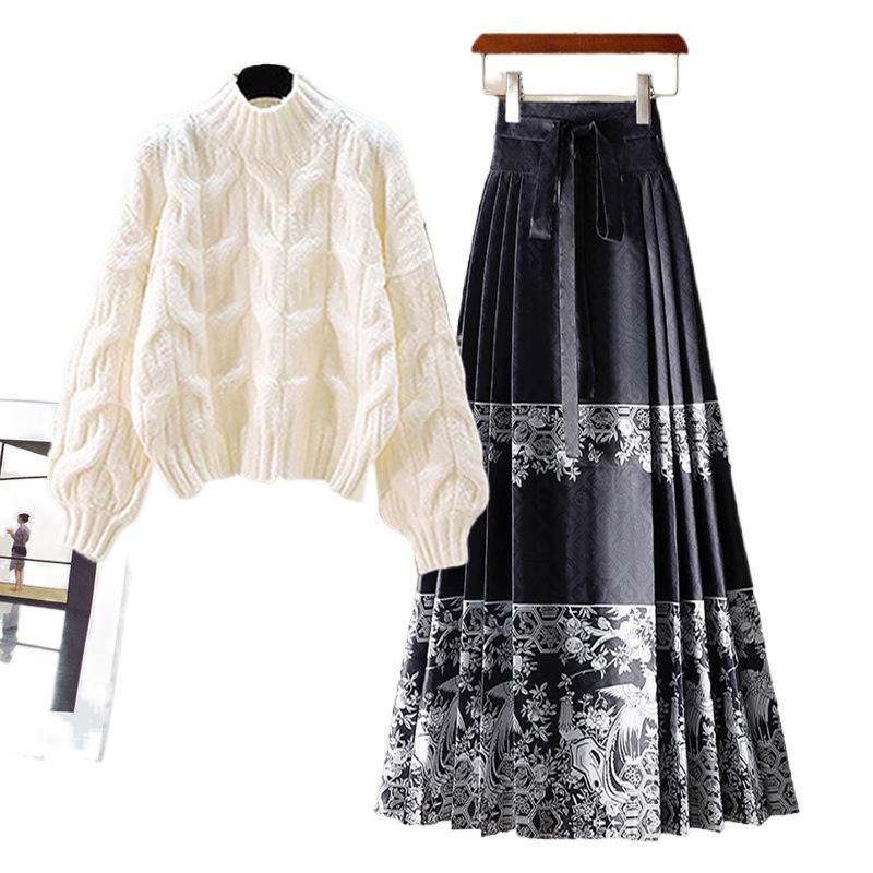 2024 Winter New Year Hanfu Set: Thick Sweater & Horse Face Skirt