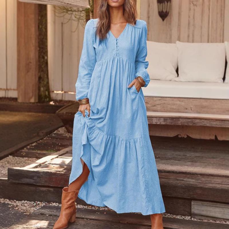 

Платья для женщин Длинное платье Свободное модное повседневное платье с V-образным вырезом Однотонное платье с длинным рукавом А-силуэта Сексуальные платья Элегантные оборки Vestido XS светло-синий