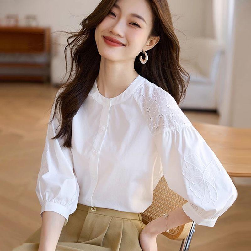 

Fashionable White Three Quarter Sleeved Shirt for Women Loose Temperament Imitation Tencel Shirt Top for Summer S