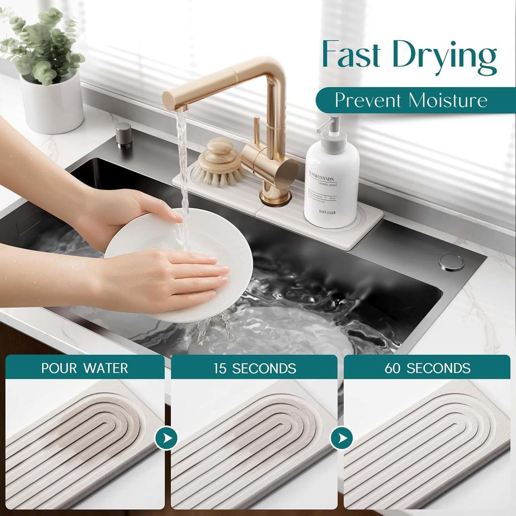 Faucet Mat for Kitchen Sink  Long Diatomite Fast Drying Stone Sink Tray, Super Absorbent, Faucet Splash Guard for Bathroom Counter
