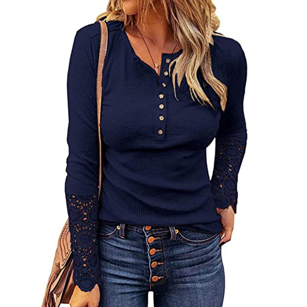 Ladies Casual Color Strip Color Slim Fit Round Neck Stitching Lace Sleeve T-Shirt
