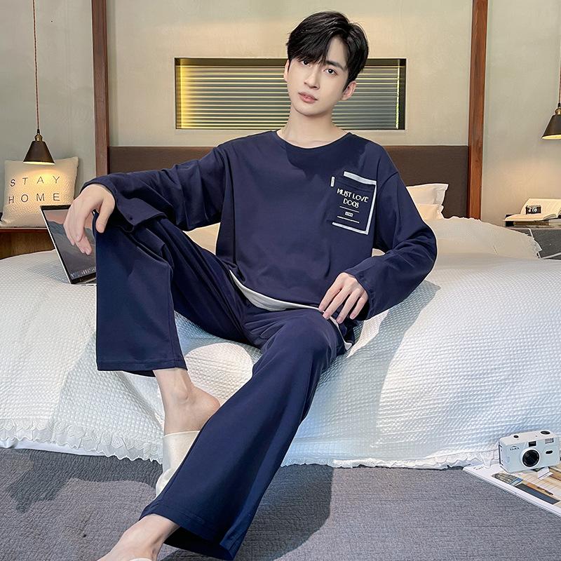 Frühlings-Baumwollpyjamas Herren Lounge Schlafbekleidung Blau Kariert Pijama Herren Morgenmantel Hauskleidung PJ Pijama Hombre