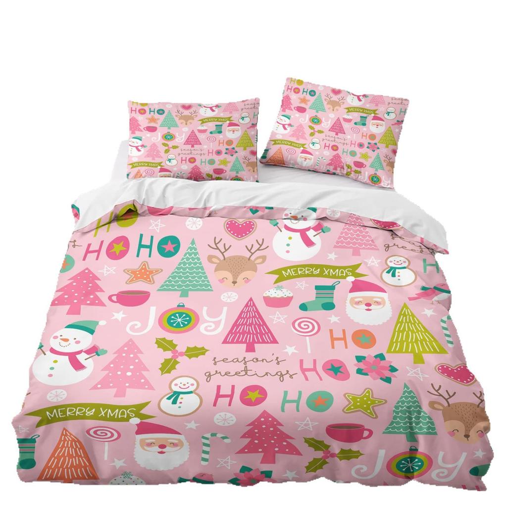 Pink Christmas Three-Piece Digital Printed Bedding Set Santa Quilt Cover