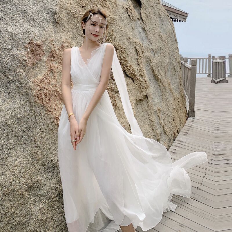 

Qinghai Lake Super Fairy Large Tail Open Back Photo Beach Dress White S