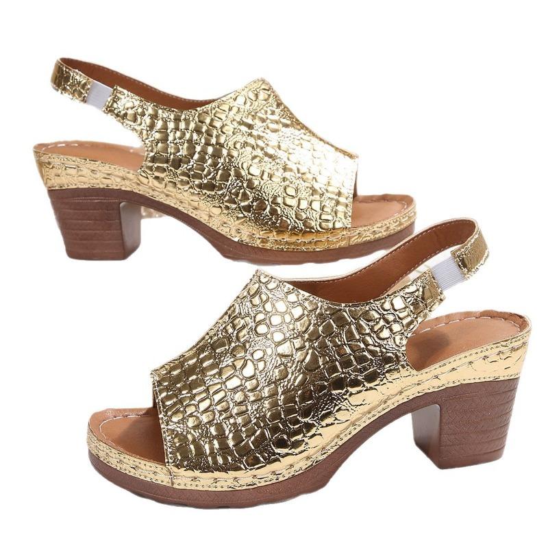 Women's Snake Print Peep Toe Platform Sandals, Chunky Heel Summer Shoes