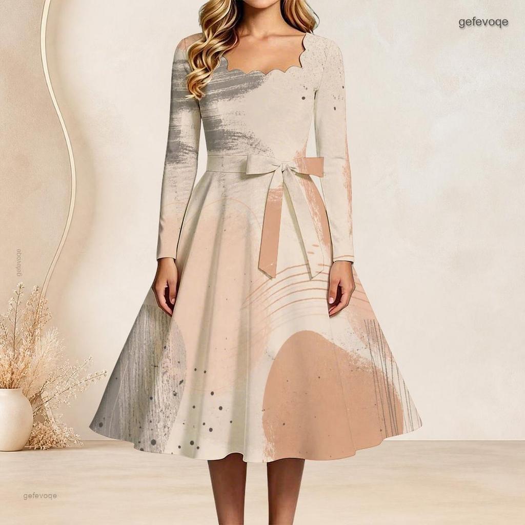 Women Plus Size Square Neck Long Sleeve Tropical Leaf Printed Dress Belted A Line Flared Hem