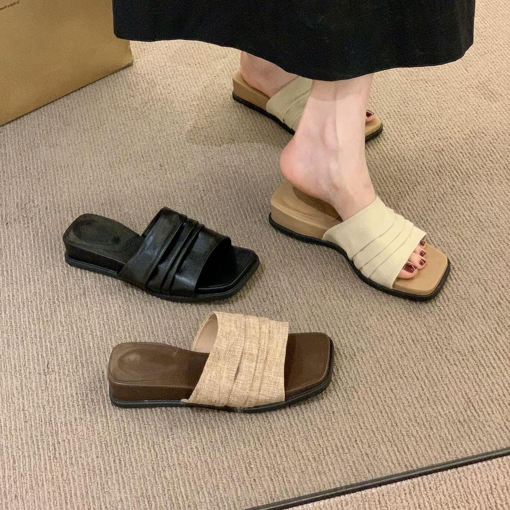 Wedge heel platform linen slippers women's summer wear new holiday with skirt one-word drag retro beautiful square head sandals