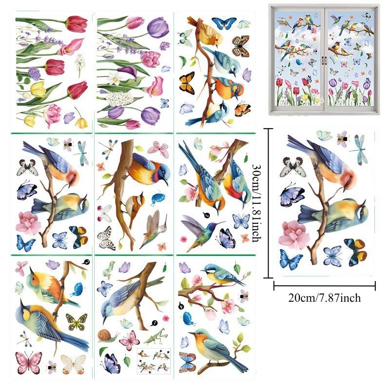 9 Sheets Spring Summer Cartoon Butterfly Tulip Floral Party Decorations Window Static Stickers DIY Glass Clings Backdrops Decals