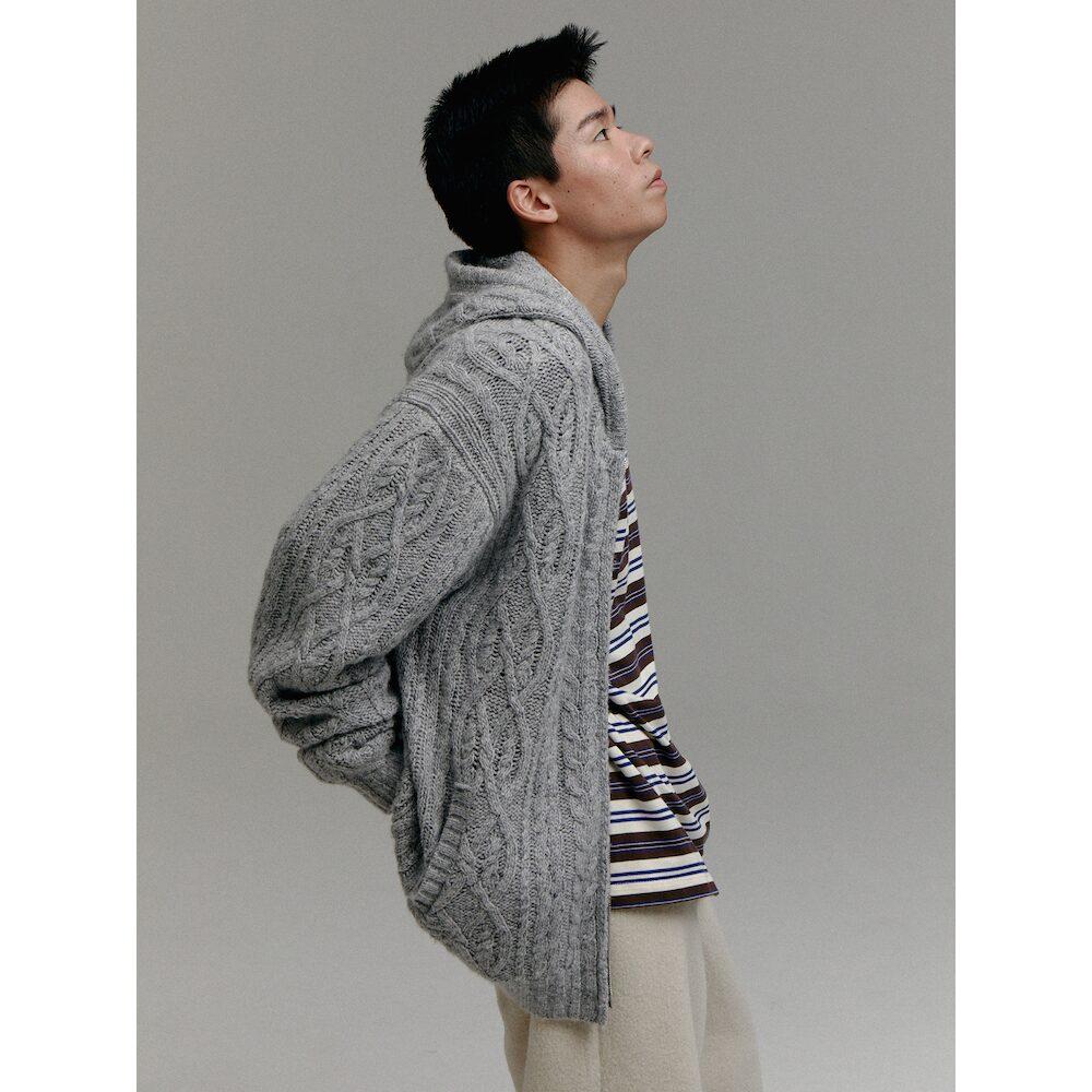 Sand Sound (Unisex) Wool Blend Cable Knit Zip-Up Hoodie Grey
