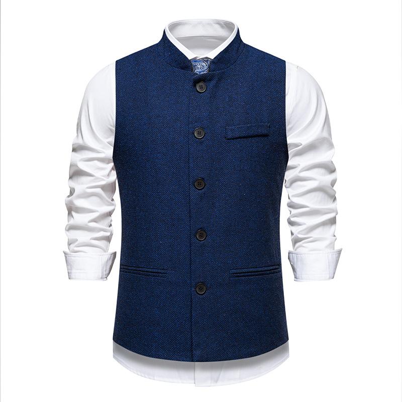 

Autumn Men S Retro Stand-Up Collar Herringbone Nylon Suit Vest European Size Men S Casual Vest S тёмно-синий