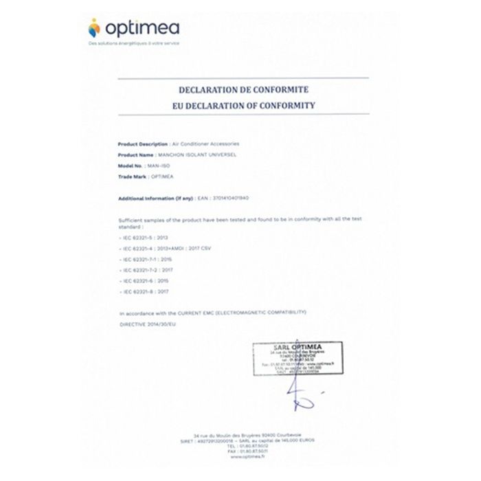 Manchon isolant universel optimea man iso pour gaine de climatiseur mobile blanc et argent