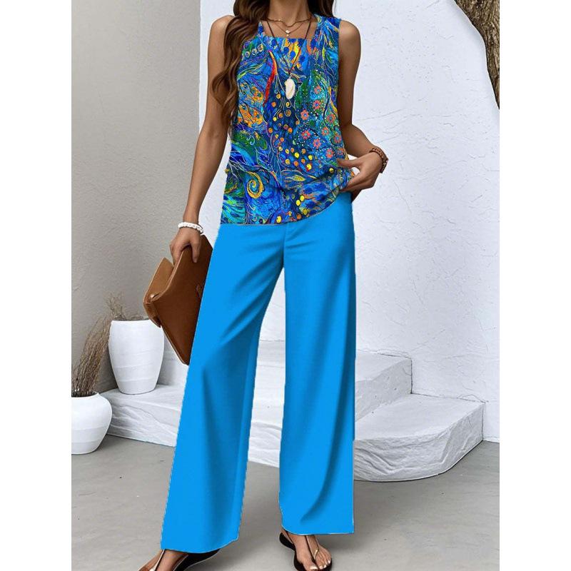 Women's Loose Fit Two Piece Outfit Sleeveless Tank Top High Waist Wide Leg Pants Set With 3D Abstract Print For Casual Summer Daily Wear
