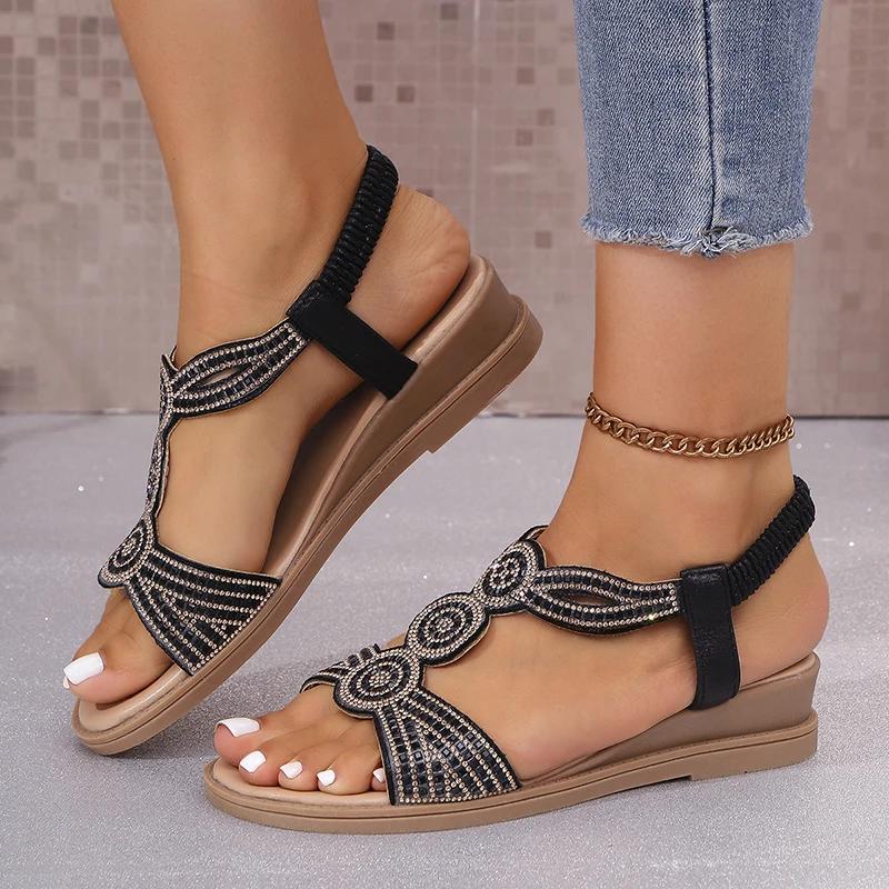 Fashion Bohemian Wedge Sandals for Women Summer 2025 Fashion Rhinestone Decor Walking Sandals Woman Comfort Non Slip Outdoor Beach Shoes