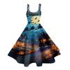 Women's Halloween Print Off Shoulder Vintage Punk Dress Sleeveless Spaghetti Strap Midi Dress with Full Skirt for Costume Party