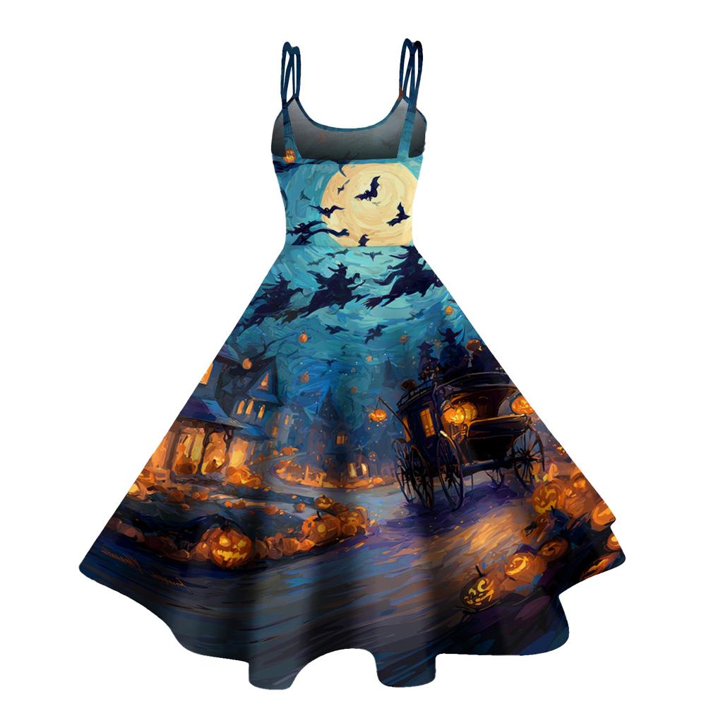 Women's Halloween Print Off Shoulder Vintage Punk Dress Sleeveless Spaghetti Strap Midi Dress with Full Skirt for Costume Party