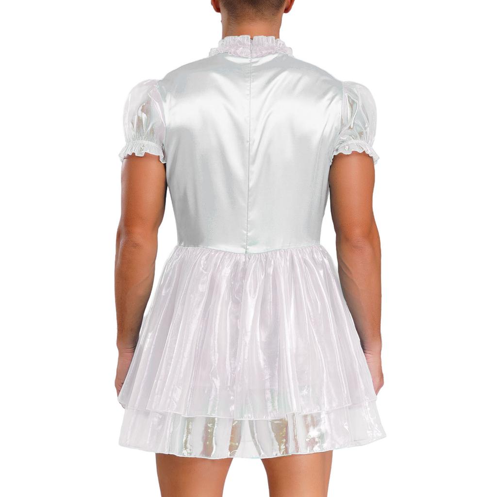 Herre Sissy Maid Kjole Kapper Kant Puffermer Sløyfedetalj Glitrende Puffete Kjole Låsbar Crossdressing Kostyme