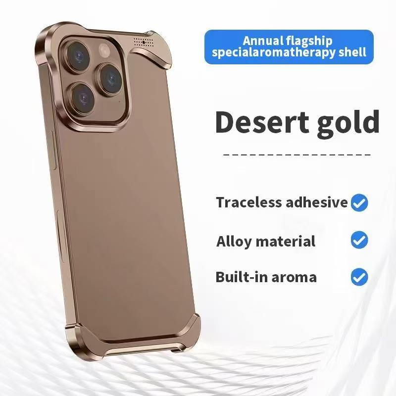 

Універсальний ароматерапевтичний чохол для телефону iPhone 17/16 Pro Max з унікальною формою та металевими кутовими накладками для серії Apple 15 17 Pro золотий/пустельний