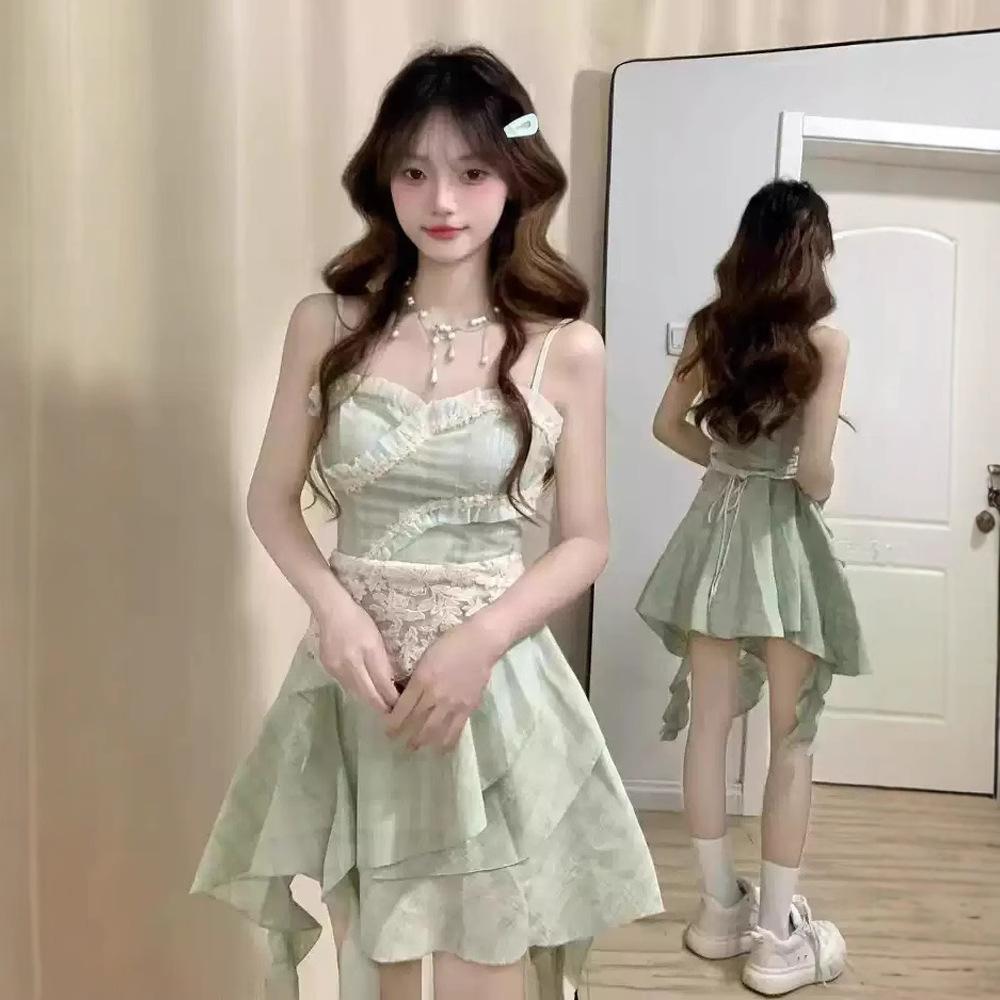 Sweet Spice Girl Lotus Leaf Sling Dress Fairy Summer Floral Skirt Irregular Temperament Seaside Beach Dress