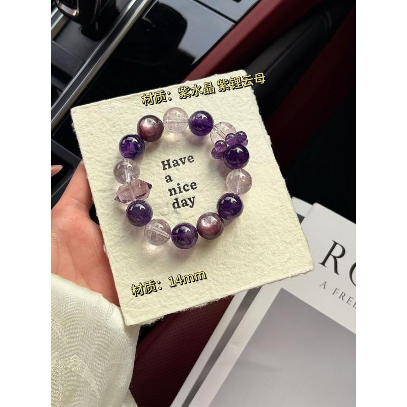 Handmade Natural Purple Amethyst Lepidolite Beaded Bracelet Women 14mm Round Elegant Boho Chic Style