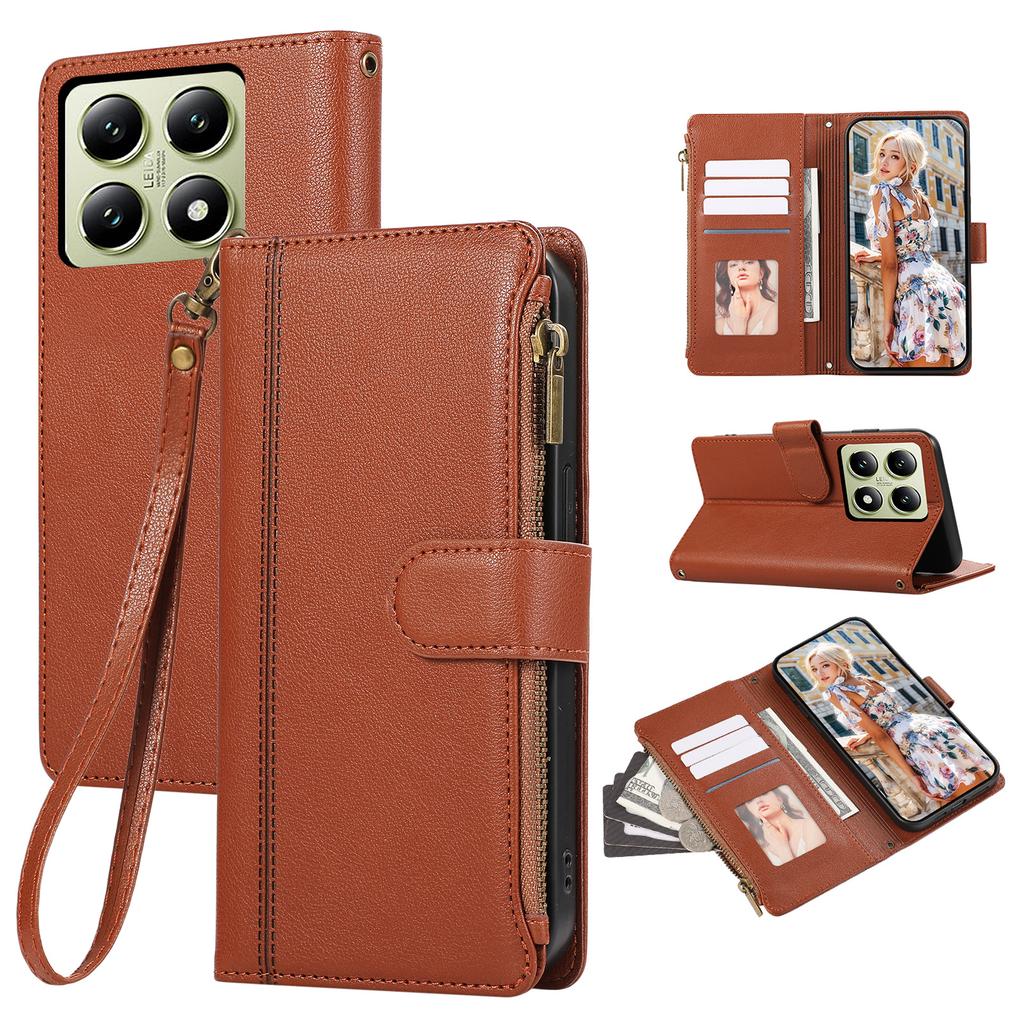 For Xiaomi 14T Case Multi Card Slots Zipper Leather Phone Cover with Wrist Strap