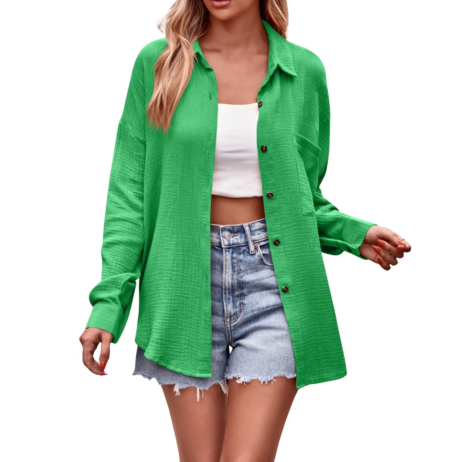 

Women s Casual Fashion Pocket Loose Long Sleeve Color Shirt Jacket XXL зелёный