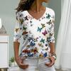 Leaf Butterfly Print Women Tshirts Ladies Tops Long Sleeve V-neck Pullover Femme T-shirts T Shirt For Women