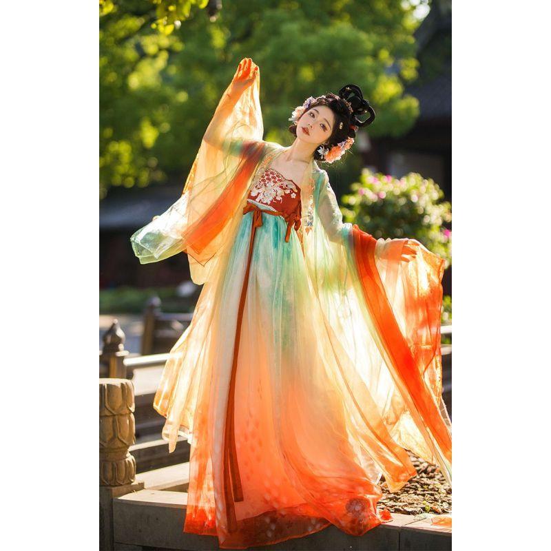 Hanfu Gradient Fish Scale Print Suit Gradient Tričko s velkým rukávem Koi Hanfu Fairy Elegantní dámské oblečení