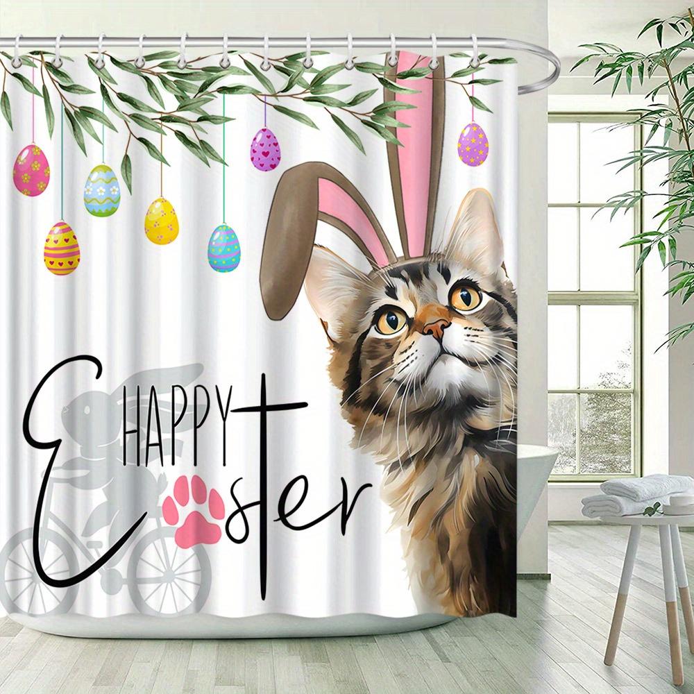 Easter Cat Eggs Shower Curtain Whimsical Tabby Bunny Ears Design Polyester Bath Decor With 12 Hooks Funny Easter Decor