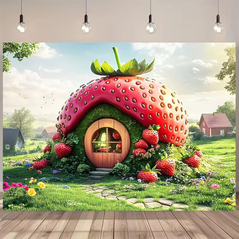 2D Enchanted Strawberry House Backdrop Spring Garden Party Background