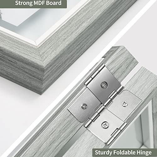 Afuly Wall-Mounted Photo Frame, 3-Panel, Postcard Compatible, Gray, Foldable, 360° Rotating, Wood Grain Finish, Perfect Gift for Weddings, Birthdays,