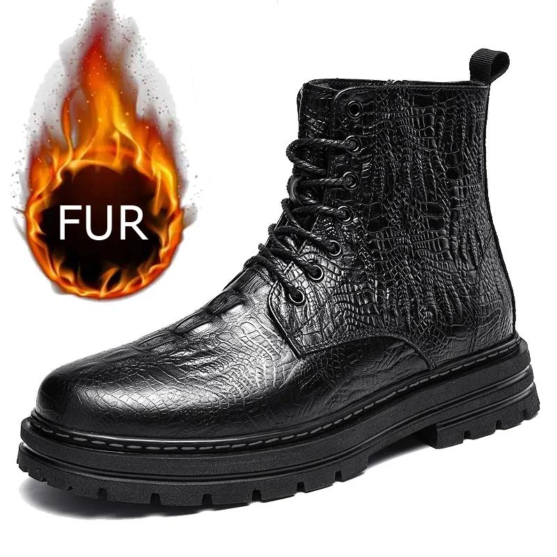 Moda Pelle Screpolata Stivali Denim Stringati da Uomo Vera Pelle Scarpe Casual Inverno Velluto Stivali da Moto Fondo Spesso Stivali Caldi da Uomo