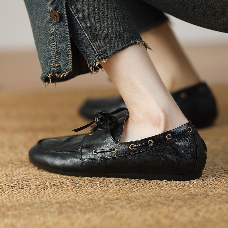 Fashion 2025 Spring Summer New Women Lace-up Flat Shoes Loafers Slip on Genuine Leather Casual Daily Work Shoes Comfort Office Pumps