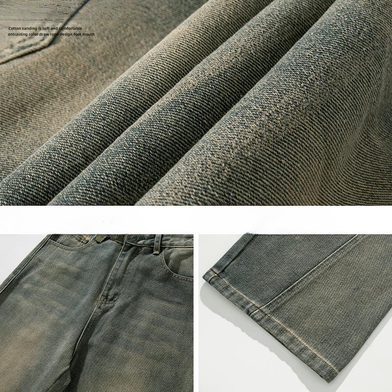 American Style Men's Spring Autumn Patchwork Denim Pants Vintage Loose Casual Trousers Slightly Wide Slimming Long Pants