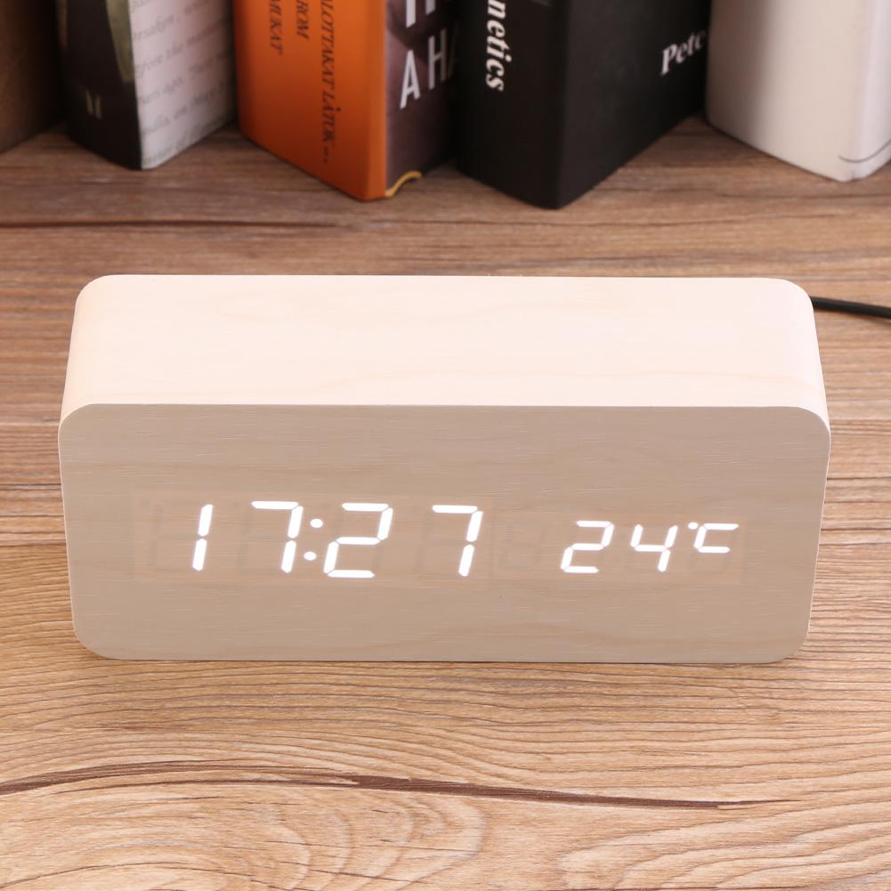 Electronic Digital Wooden LED Alarm Clock Sounds Control Temperature Desktop 1#