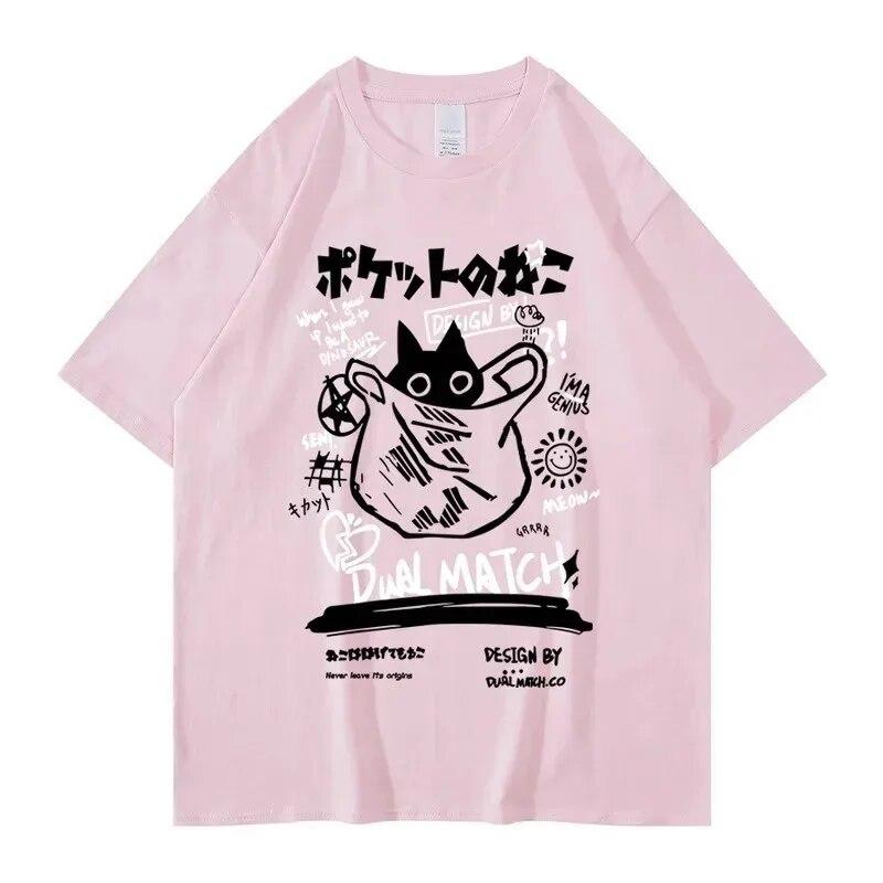 Unisex Women Cotton T-Shirt Japanese Kanji Funny Cat Printed T Shirt Harajuku Casual Short Sleeve Tshirt Streetwear Trend Tee Tops