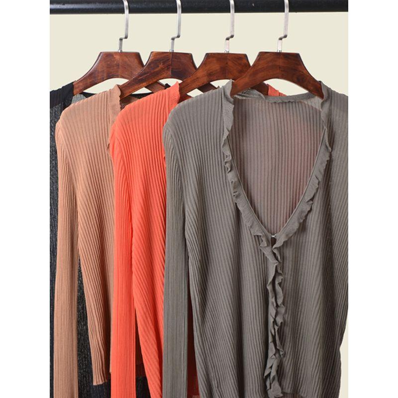 Ruffle V-neck Thin Type Sunscreen Blouse Long Sleeves K-style Spring Ice Silk Knitted Inner Match Slimming Cardigan Sweater