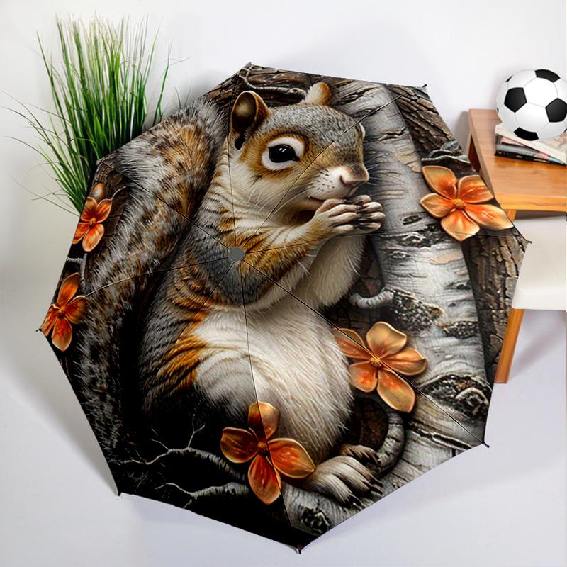 Autumn Leaves Squirrel Umbrella Automatic Open/close, Sturdy Iron Frame & 8-Rib Struct, Umbrella for Women & Men, Christmas Gift