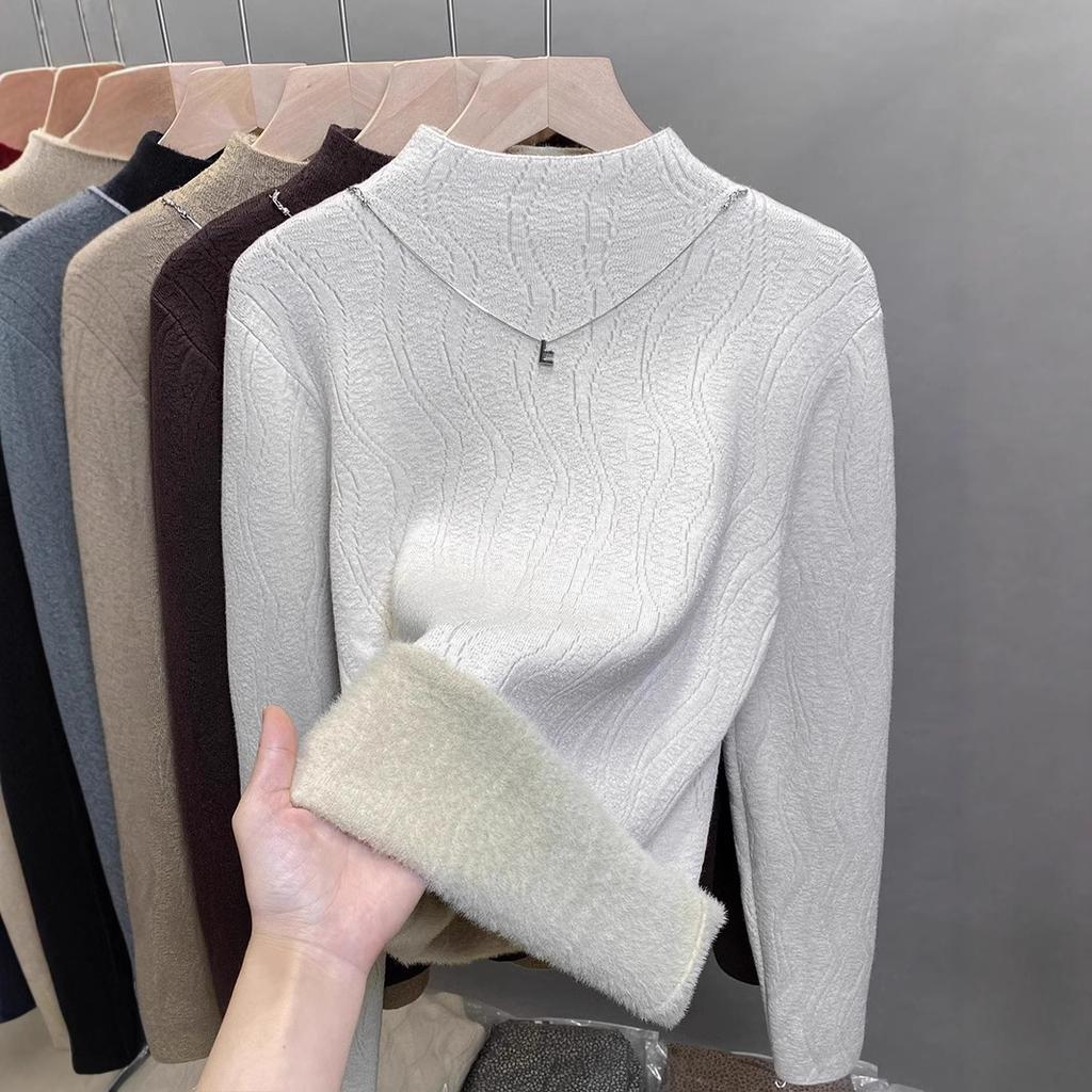 Pulover de catifea dintr-o singură piesă pentru femei, pulover gros de catifea cu gât mediu înalt, pulover tricotat, top interior la modă pentru toamnă și iarnă