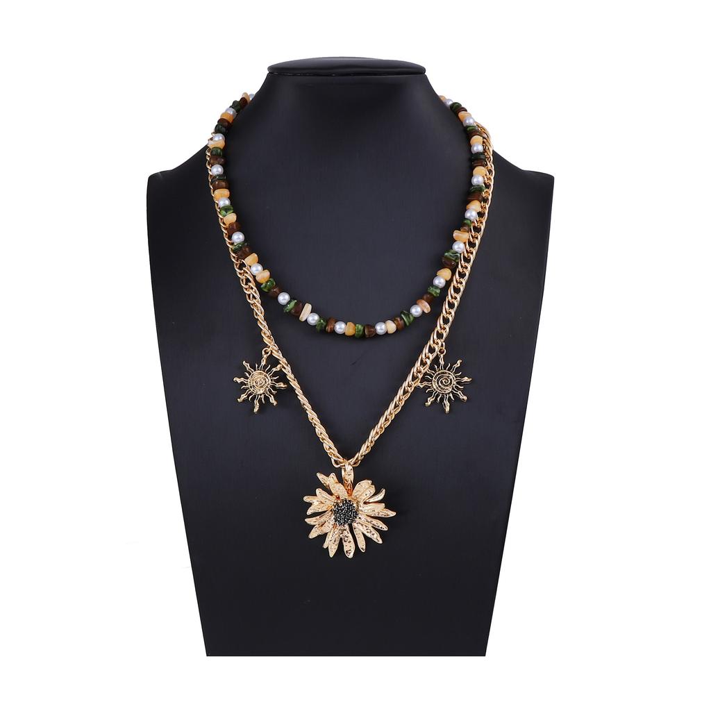 Personality Trend Retro Alloy Sunflower Pendant Double Stacked Necklace Casual Color Beaded Women's Accessories