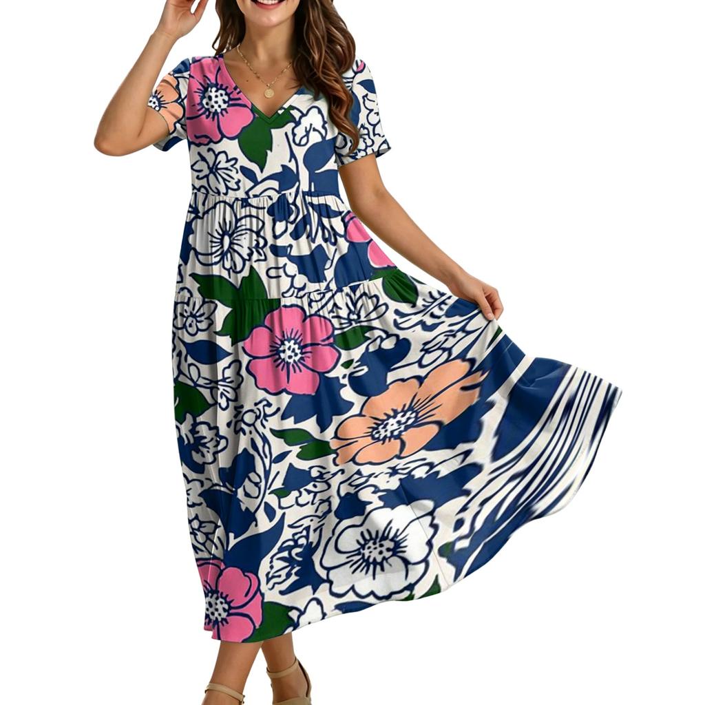 Frauen Casual Lose Bohemian Blumenkleid Kurzarm Lange Maxi Sommer Strand Swing Kleid