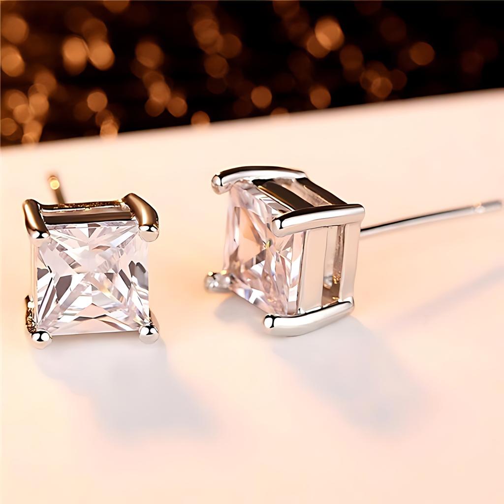 Silver CZ Stud Earrings Round Princess Cut Fashion Jewelry Women Accessories 925 Sterling Silver Ear Rings