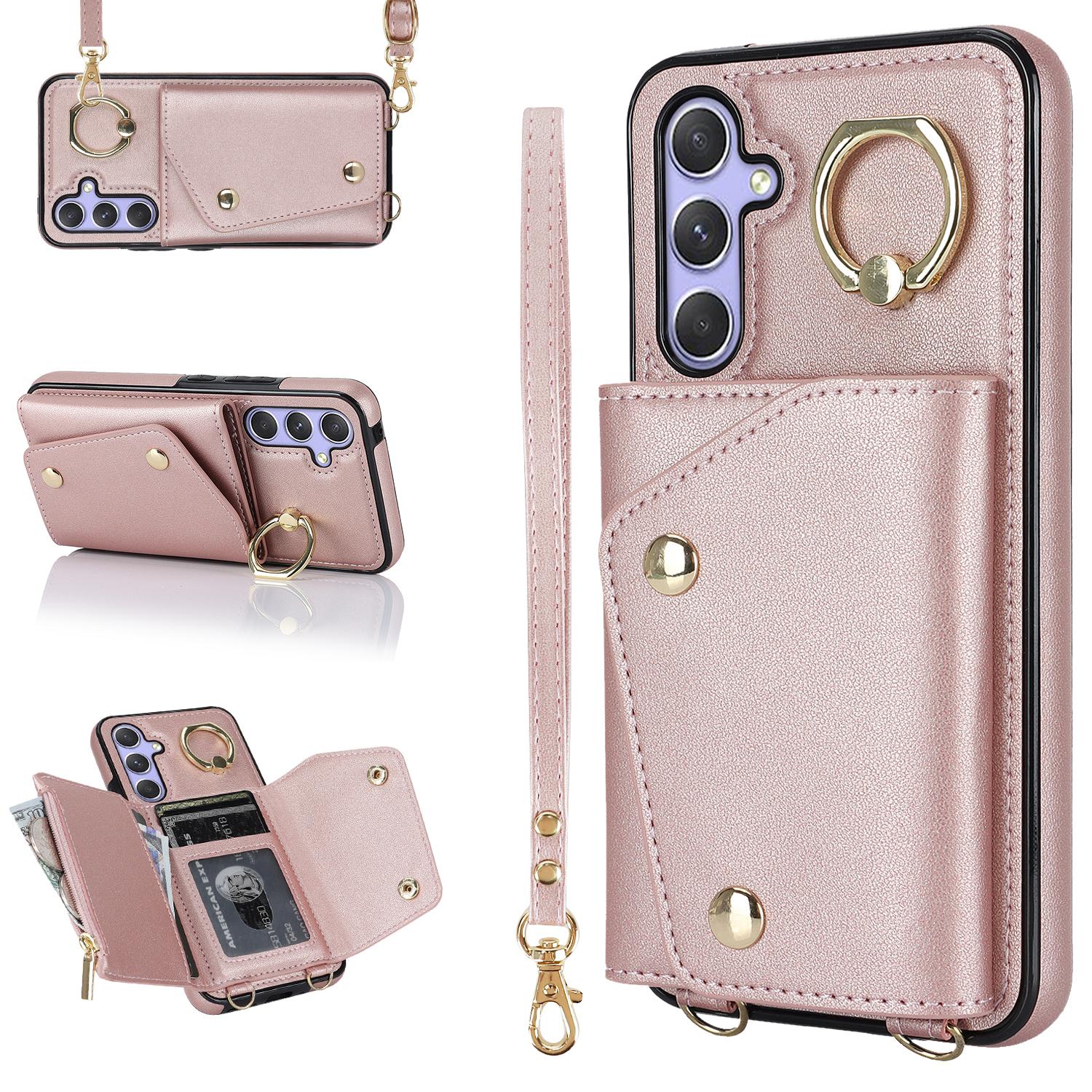 

For Samsung Galaxy A54 5G Zipper Wallet Leather Coated TPU Case Rotary Ring Kickstand Phone Cover Rose Gold