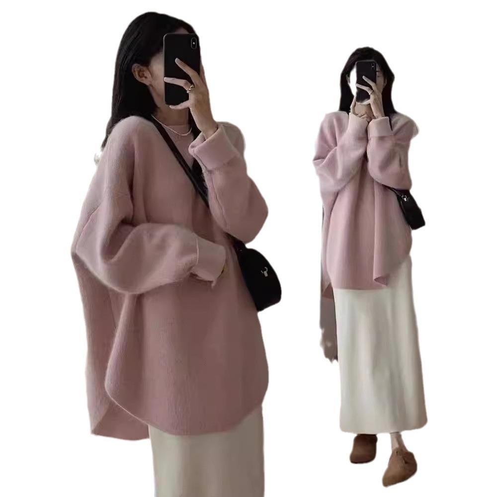 Autumn and Winter Pullover Sweater Women's Medium and Long Gentle Lazy Wind Curved Hem Top Women's High-end