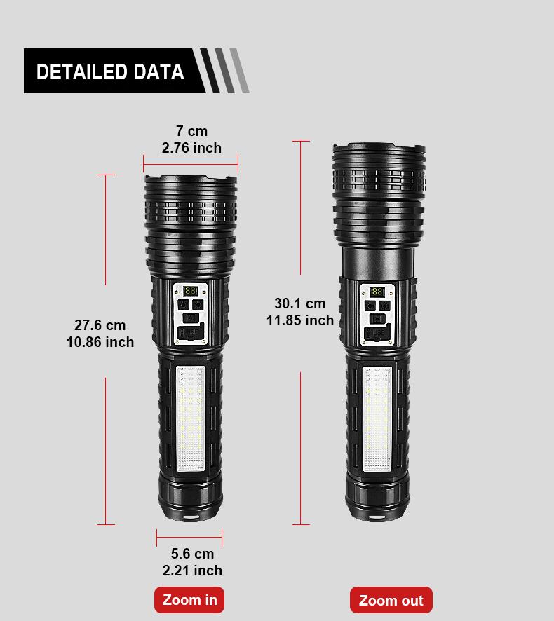 Dual Lights LED Flashlight High Power Rechargeable Flashlights Built-in Battery Torch Light Zoomable Lamp Waterproof Lighting