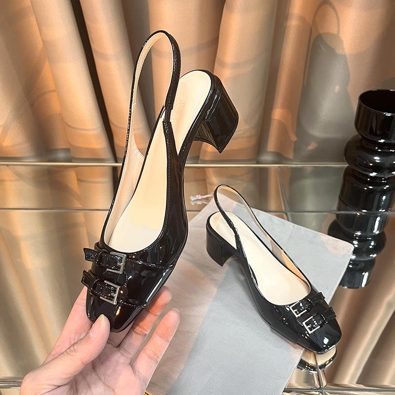 Fashion After Empty Square Head Single Shoes Women With 2025 Spring And Autumn New Temperament Patent Leather Toe Sandals Women Thick He