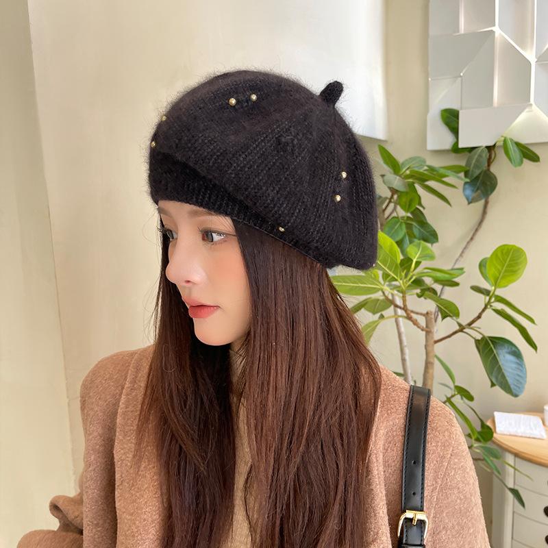 Winter Warm Cap Thermal Hat Women Beret Elastic Knit Solid Color Soft Thick Windproof Decorative